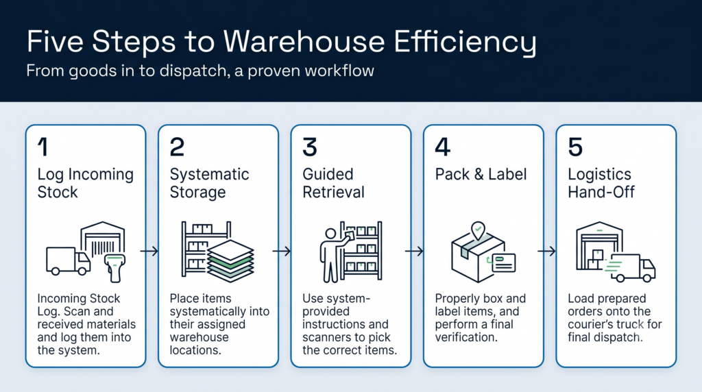 Five-step warehouse operation flow from goods receiving through dispatch, showing the data points and process gates at each stage.